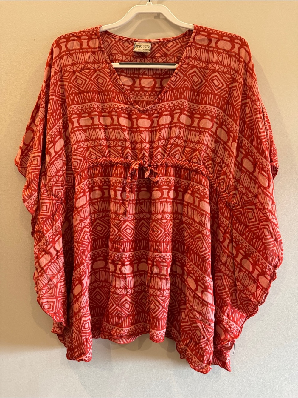 Boho Red Patterned V-Neck Tunic with Drawstring Waist